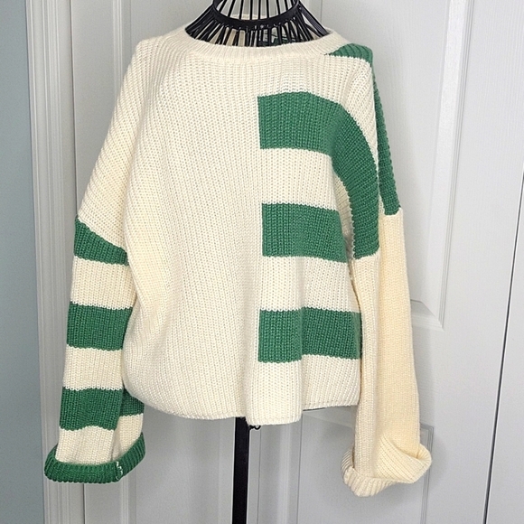 TIMING Cream and Green Striped Sweater Size Small - Picture 2 of 7